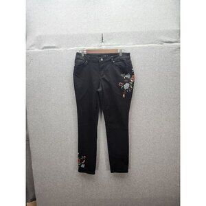 Earl Jeans Black Skinny Ankle Embroidered Floral Pants Womens Size 12 Cotton/Spa